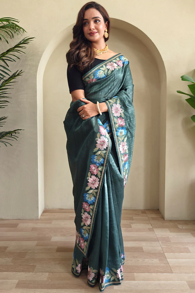 Breathtaking Rama Embroidery Work Tussar Silk Saree With Palimpsest Blouse Piece