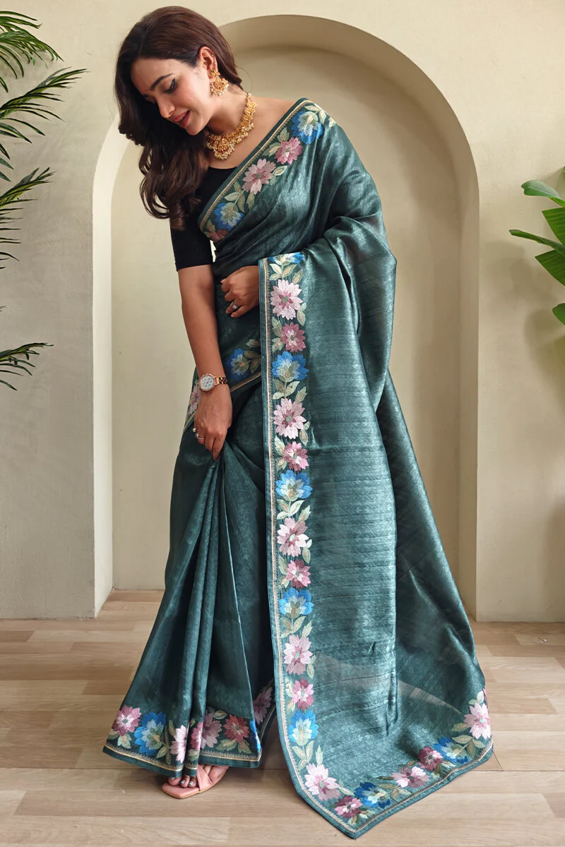 Breathtaking Rama Embroidery Work Tussar Silk Saree With Palimpsest Blouse Piece - Image 3