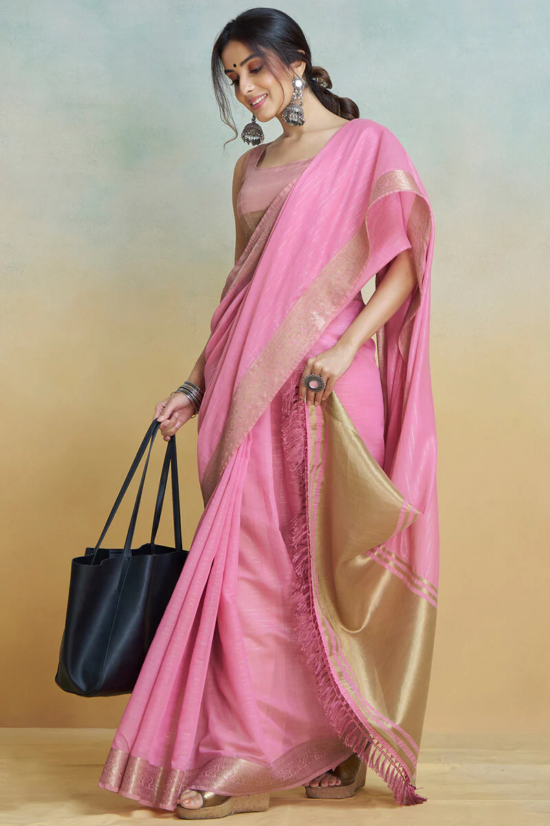 Brood Baby Pink Cotton Silk Saree With Susurrous Blouse Piece - Image 3