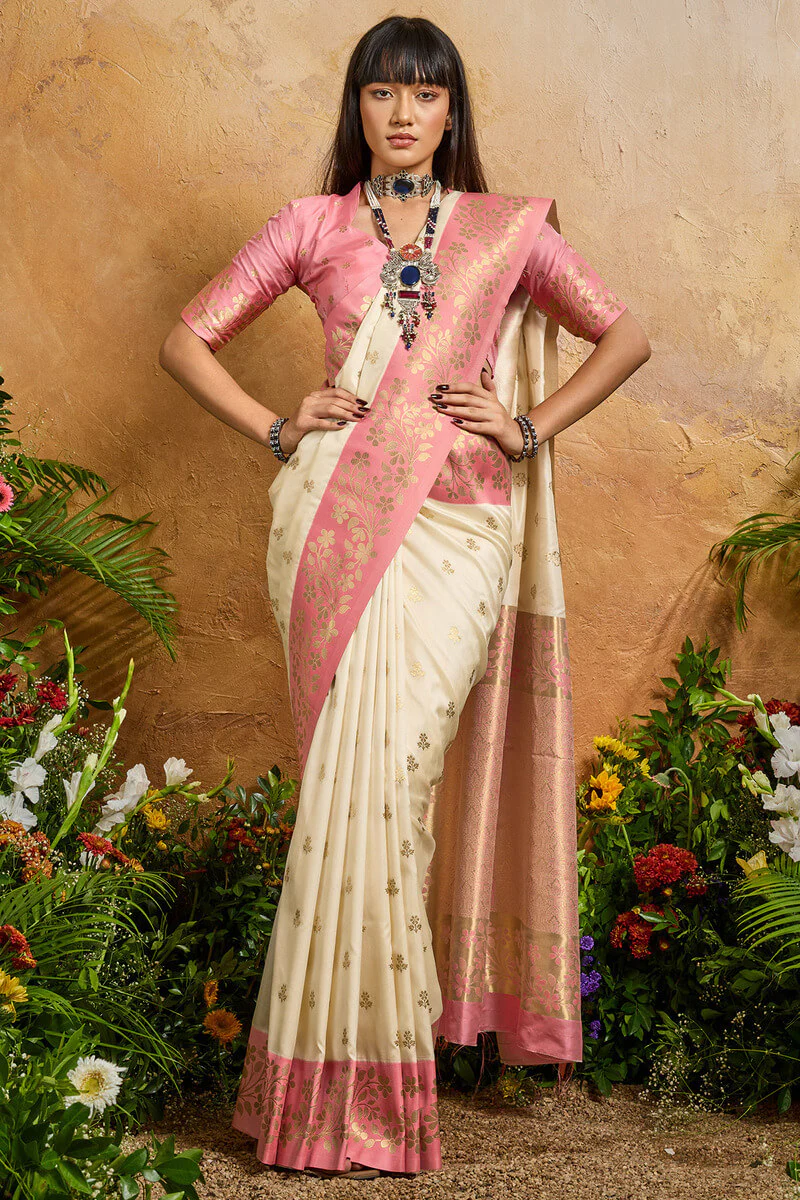 Brood Beige Pure Zari Weaving Banarasi Silk Saree With Exquisite Blouse Piece - Image 5