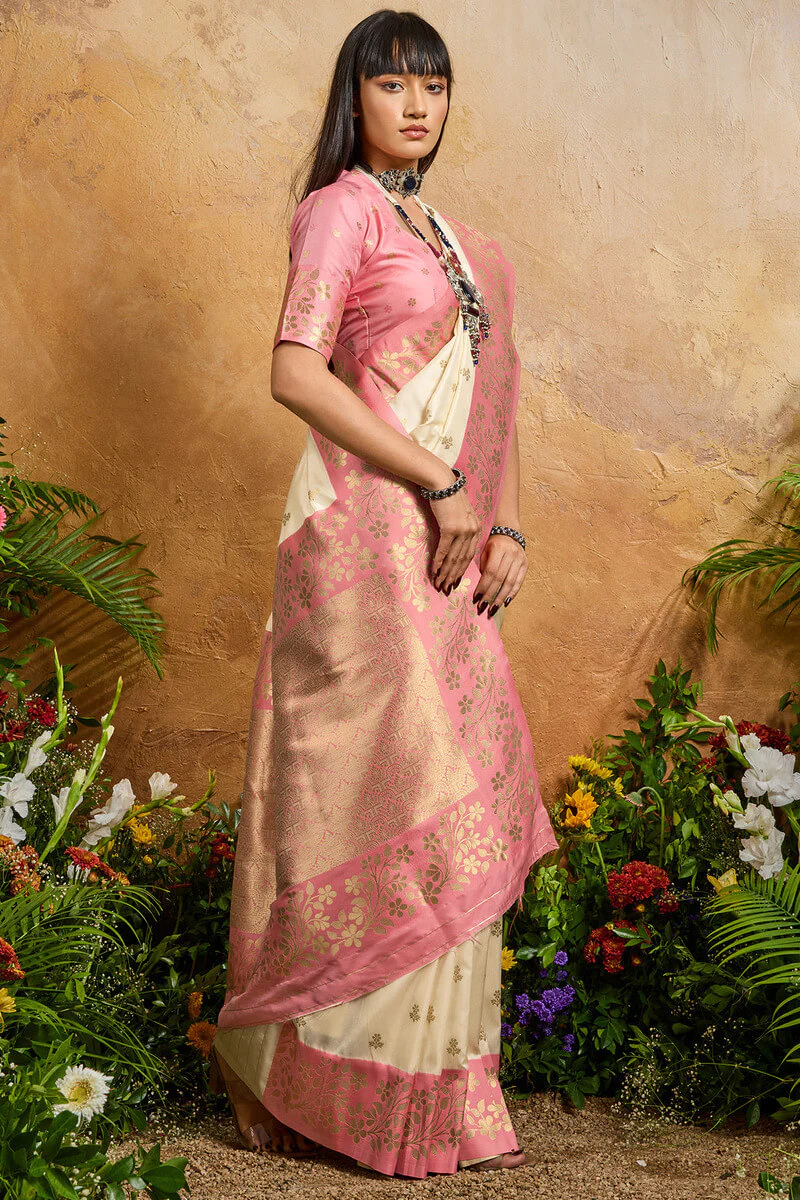 Brood Beige Pure Zari Weaving Banarasi Silk Saree With Exquisite Blouse Piece - Image 6