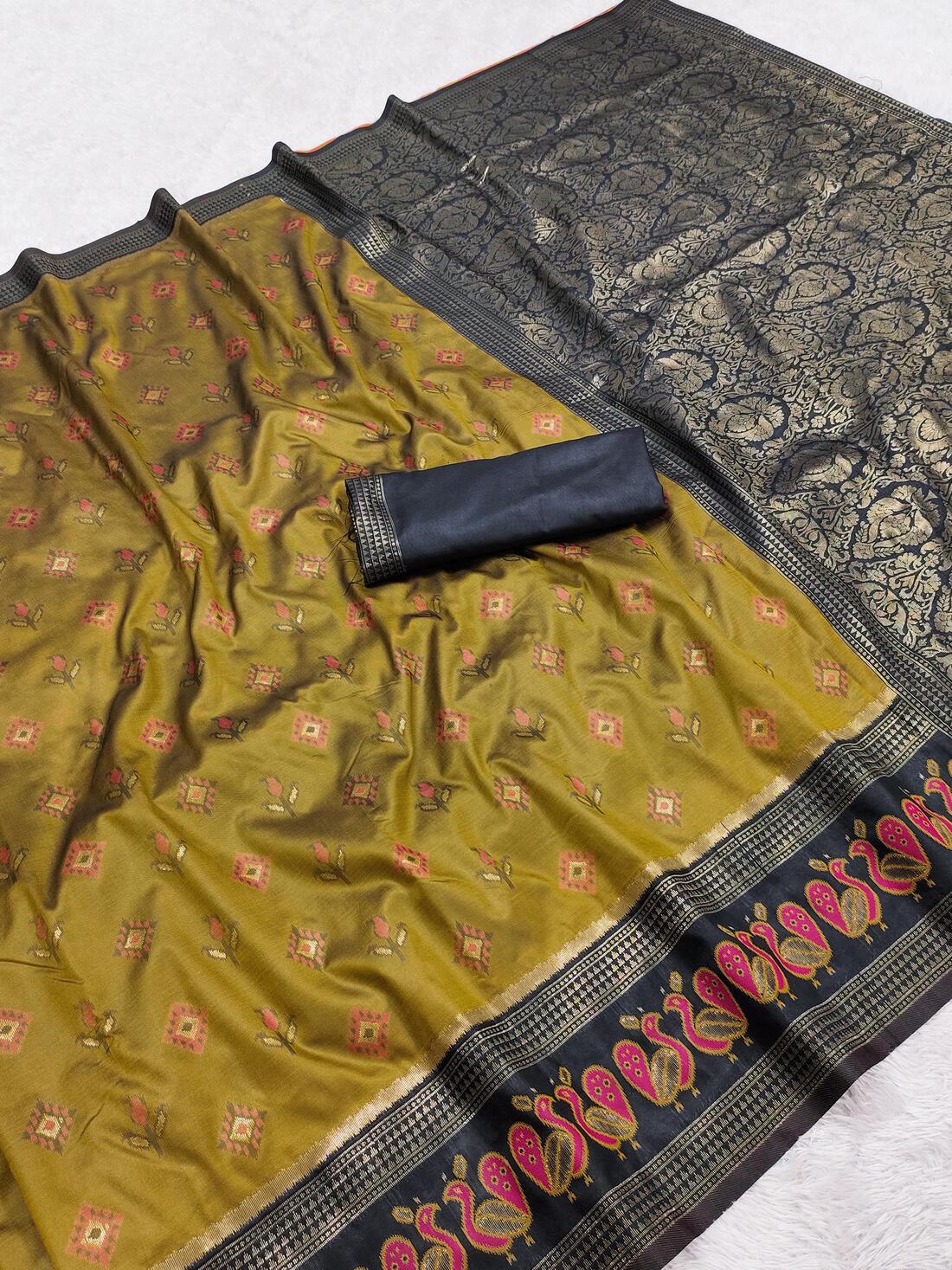Brood Mehndi Pure Zari Weaving Banarasi Silk Saree With Captivating Blouse Piece