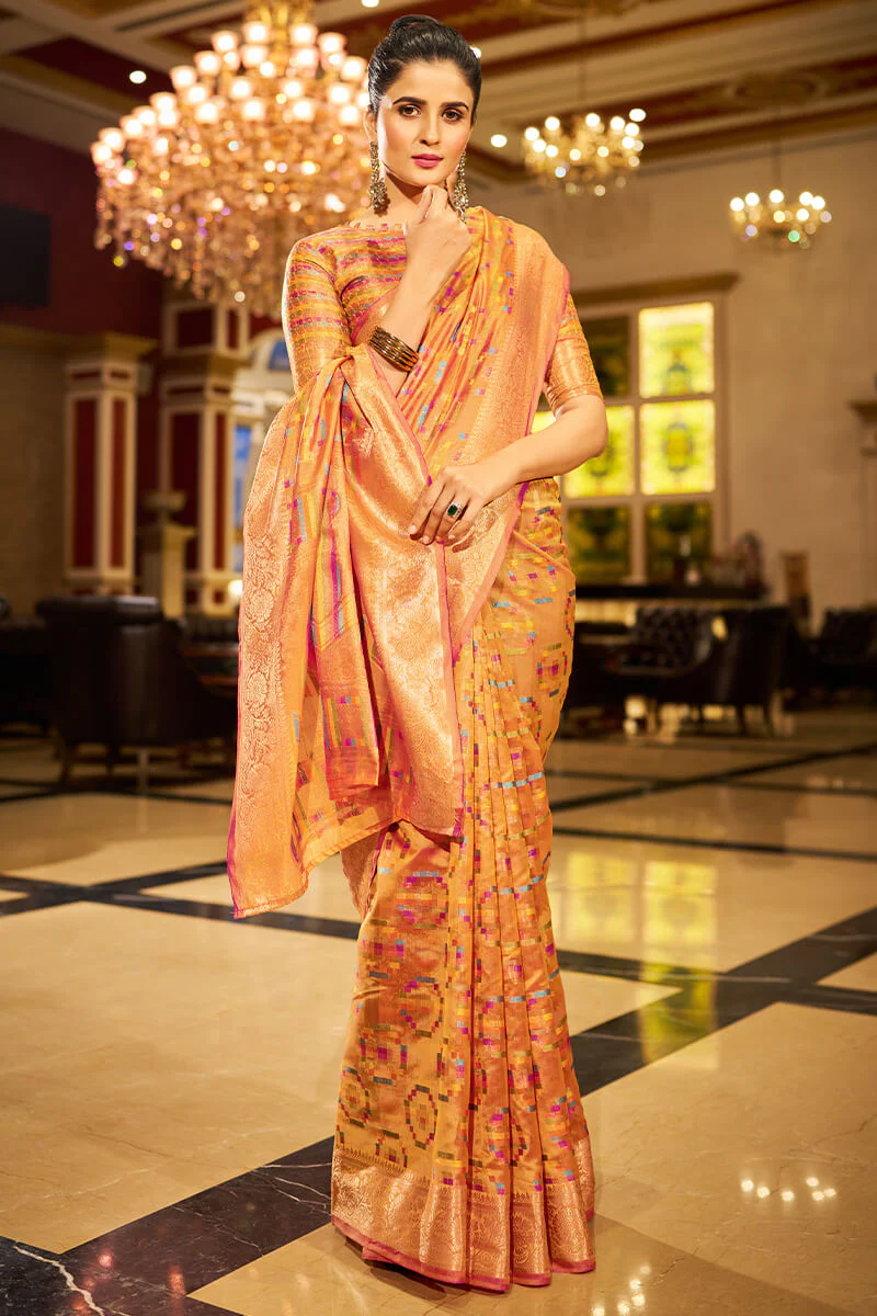 Brood Orange Organza Silk Saree With Eye-catching Blouse Piece - Image 3