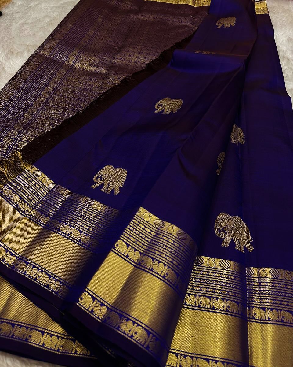 Brood Royal Blue Soft Banarasi Silk Saree With Magnificat Blouse Piece - Image 2