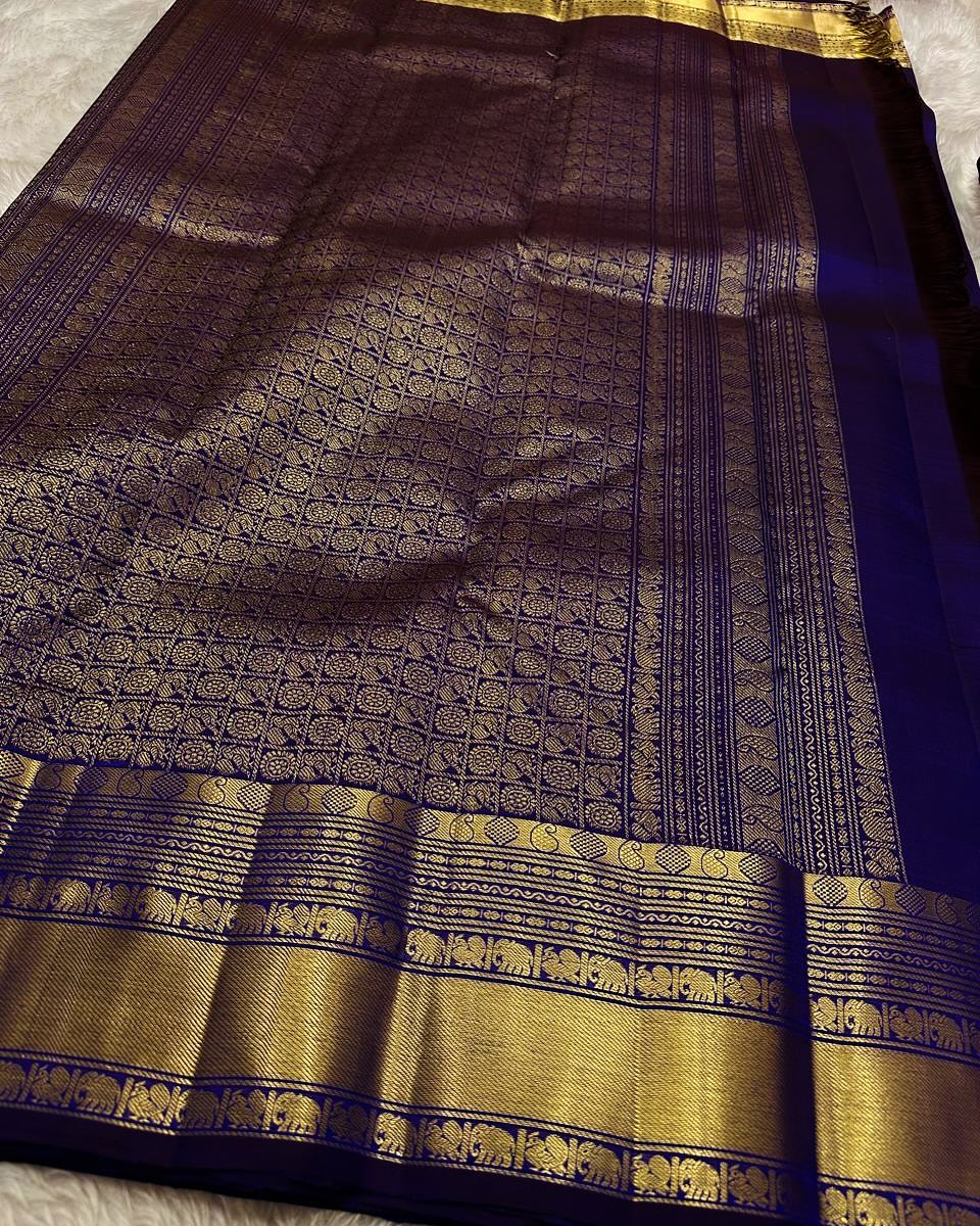 Brood Royal Blue Soft Banarasi Silk Saree With Magnificat Blouse Piece - Image 3