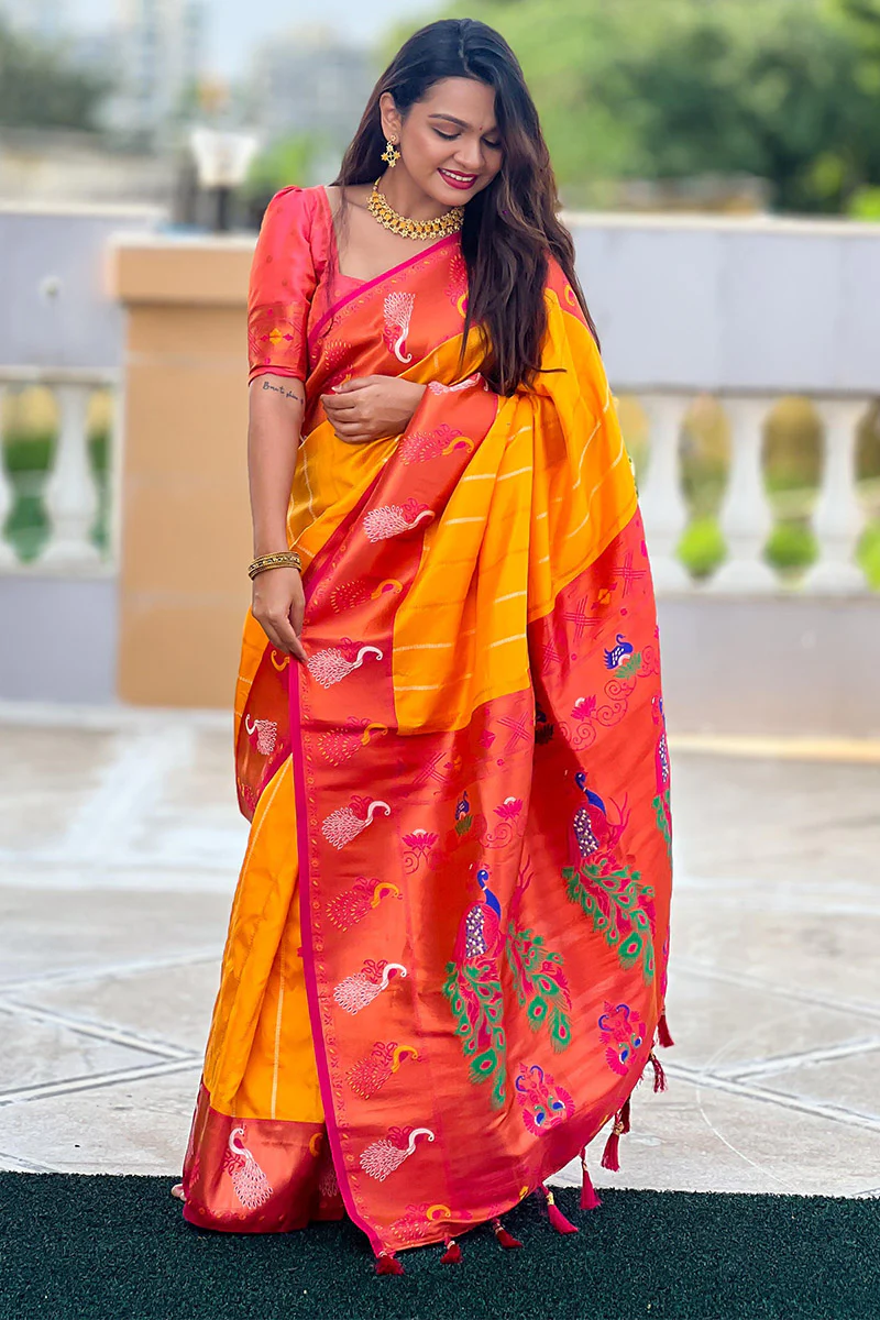 Brood Yellow Paithani Silk Saree With Ebullience Blouse Piece - Image 3