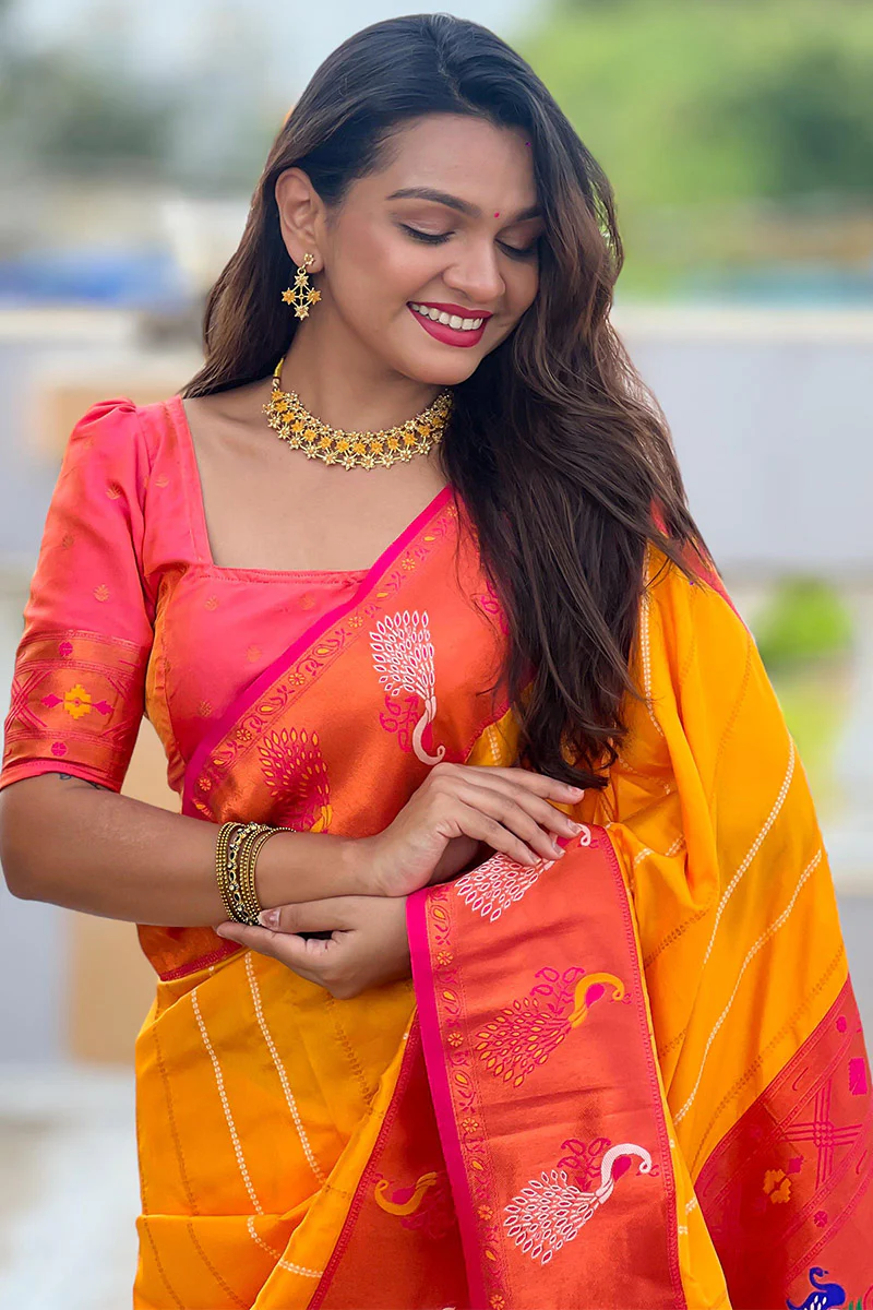 Brood Yellow Paithani Silk Saree With Ebullience Blouse Piece - Image 4