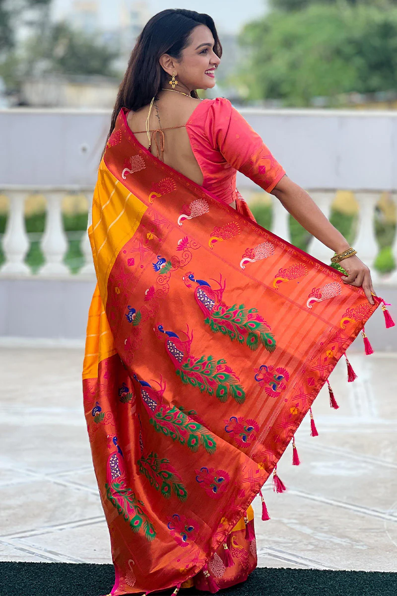 Brood Yellow Paithani Silk Saree With Ebullience Blouse Piece - Image 5