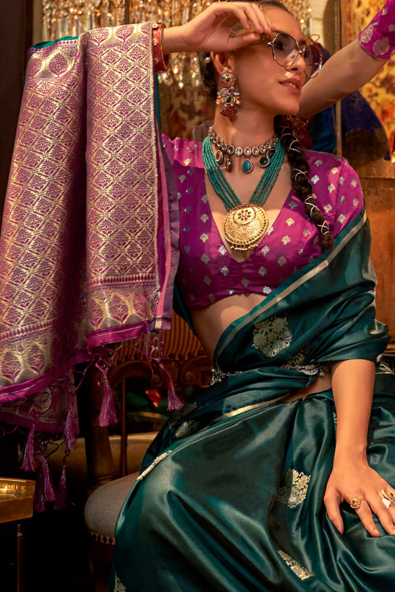 Bucolic Dark Green Banarasi Satin Silk Saree With Entrancing Blouse - Image 2