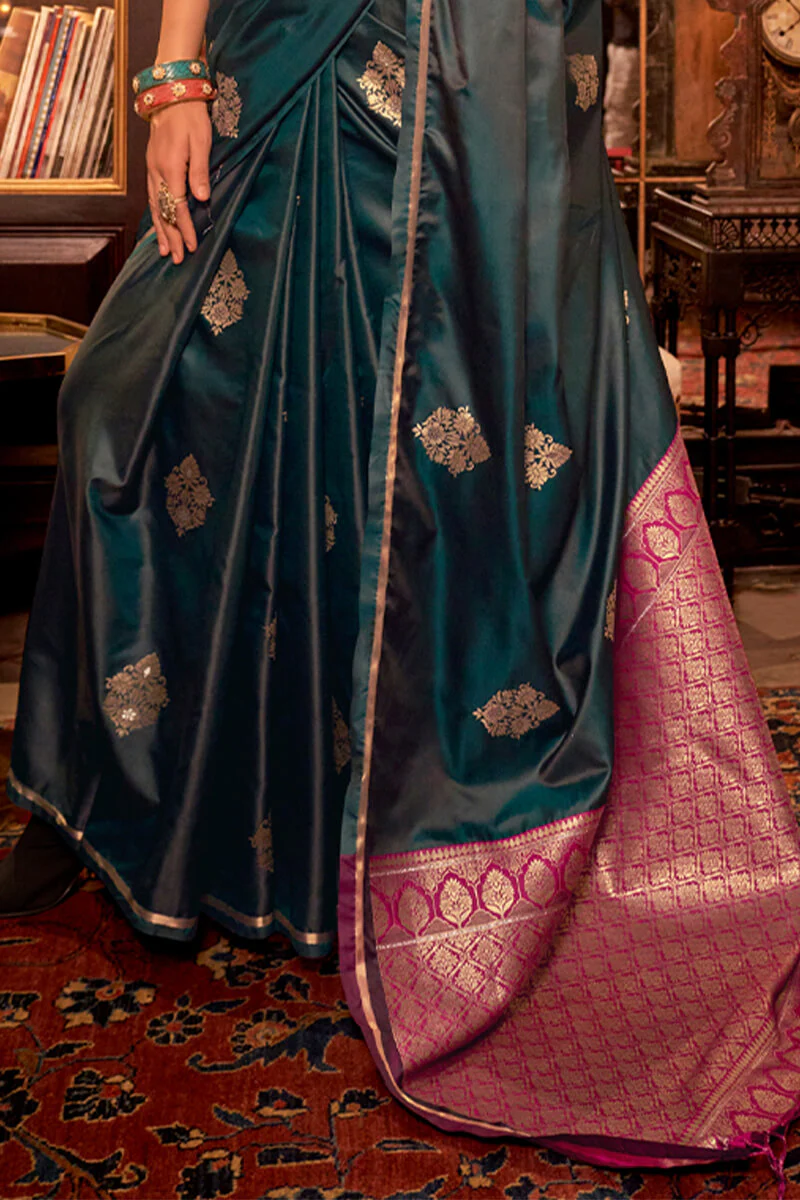 Bucolic Dark Green Banarasi Satin Silk Saree With Entrancing Blouse - Image 4