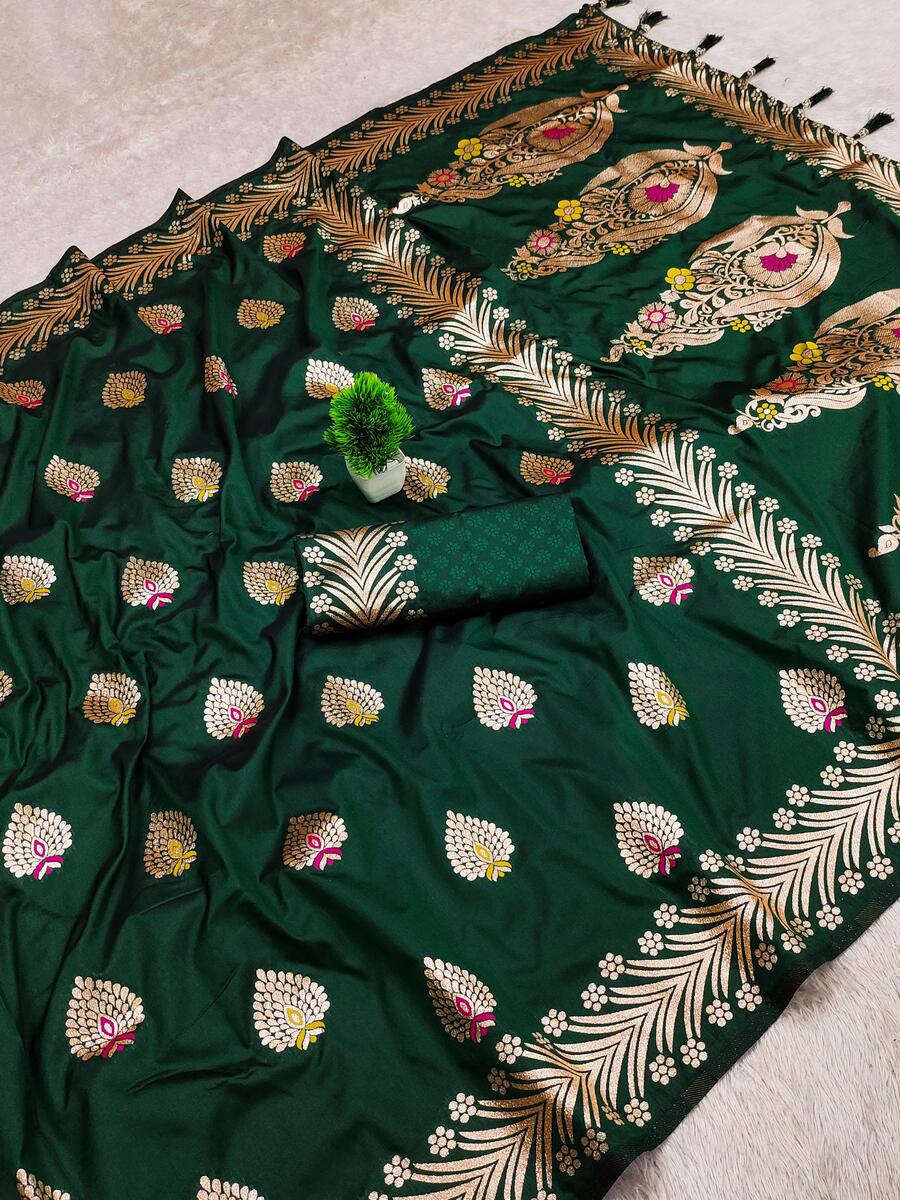 Bucolic Dark Green Soft Banarasi Silk Saree With Quintessential Blouse Piece