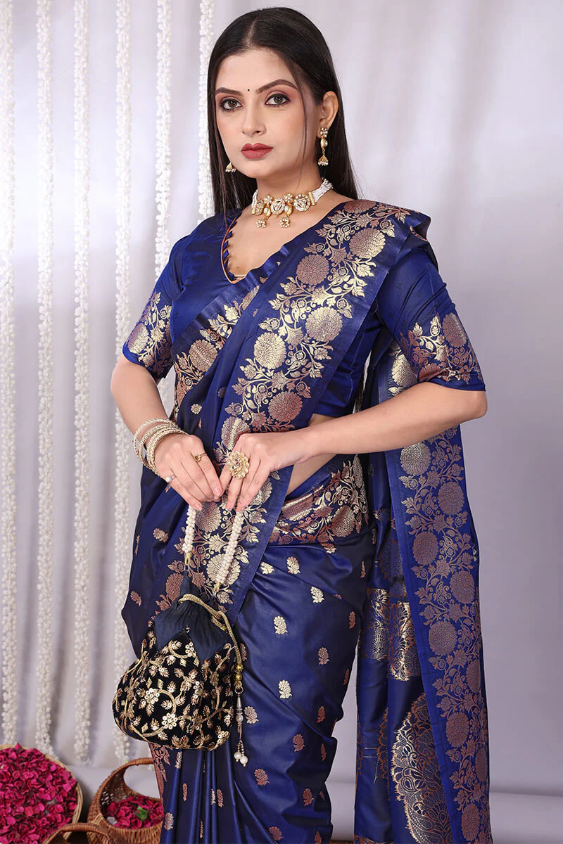 Bucolic Navy Blue Soft Banarasi Silk Saree With Desiring Blouse Piece - Image 2
