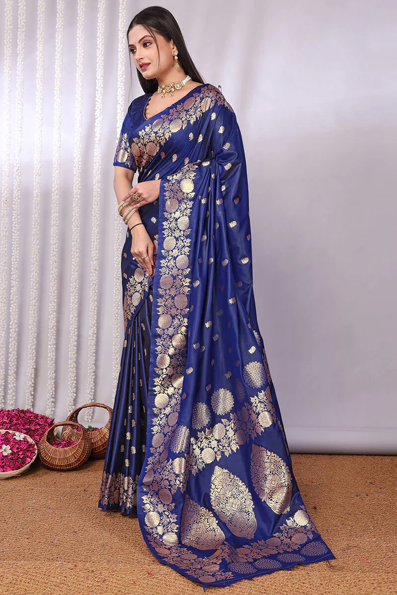 Bucolic Navy Blue Soft Banarasi Silk Saree With Desiring Blouse Piece - Image 3