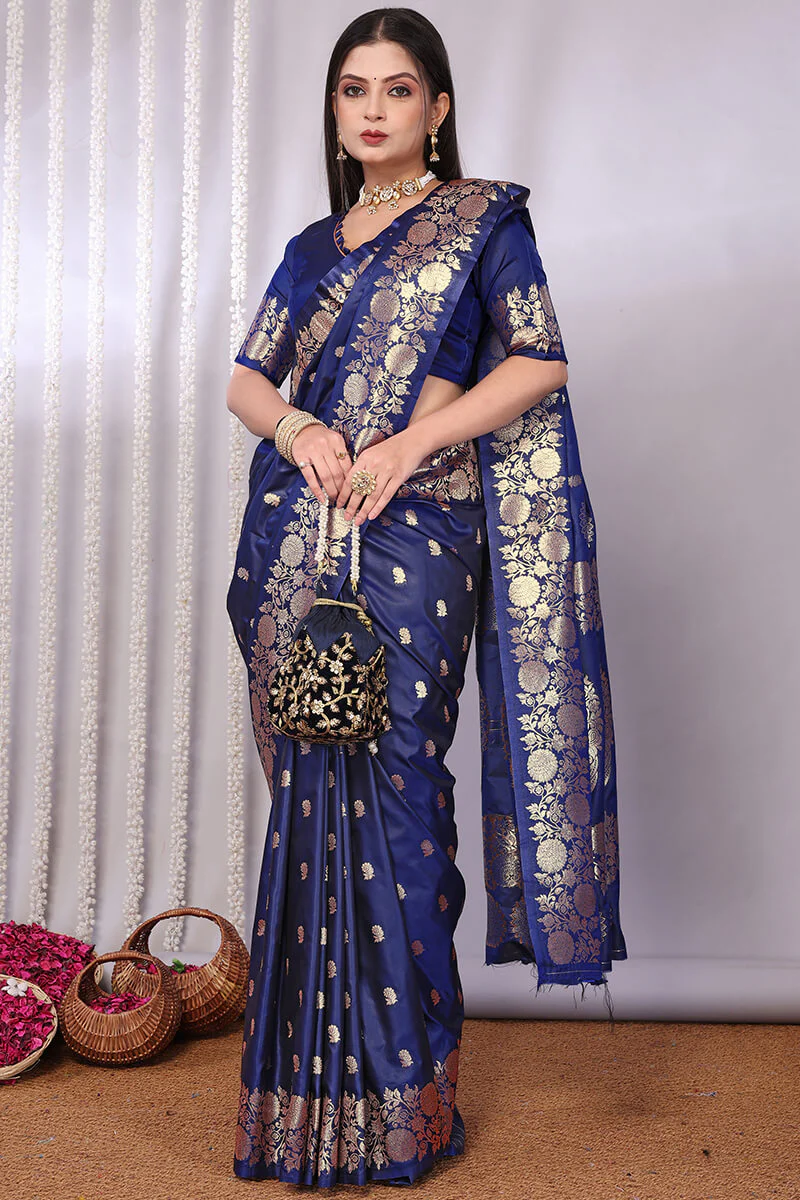 Bucolic Navy Blue Soft Banarasi Silk Saree With Desiring Blouse Piece - Image 4