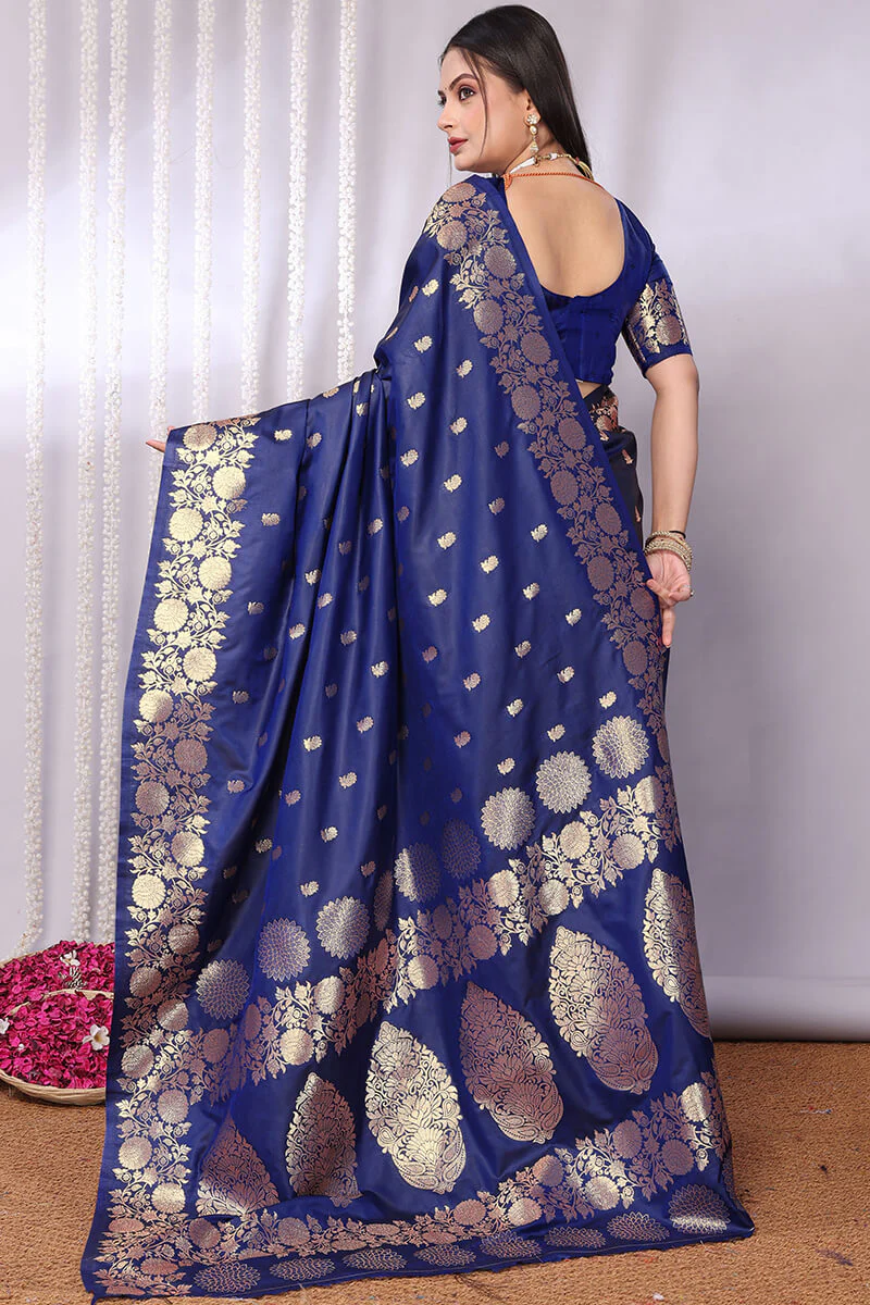 Bucolic Navy Blue Soft Banarasi Silk Saree With Desiring Blouse Piece - Image 5