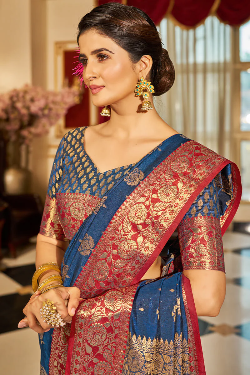 Bucolic Navy Blue Soft Banarasi Silk Saree With Twirling Blouse Piece - Image 2