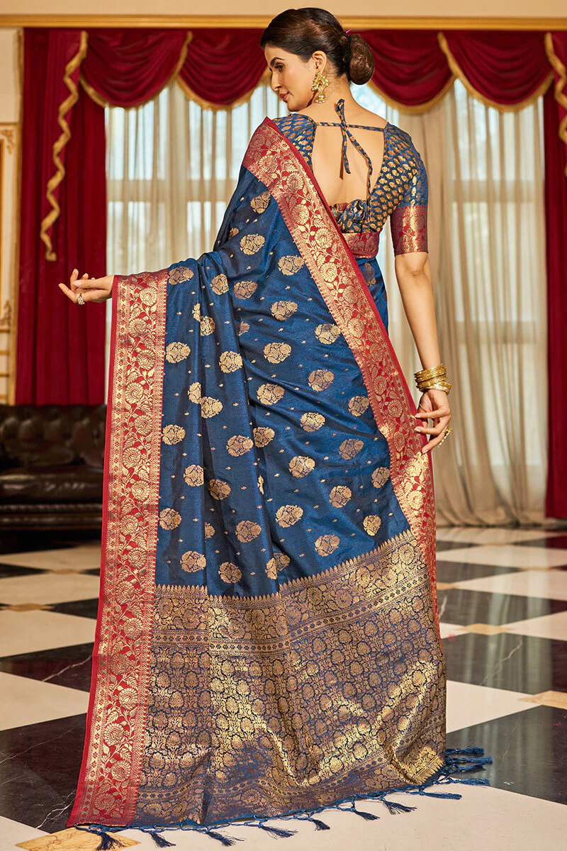 Bucolic Navy Blue Soft Banarasi Silk Saree With Twirling Blouse Piece - Image 4