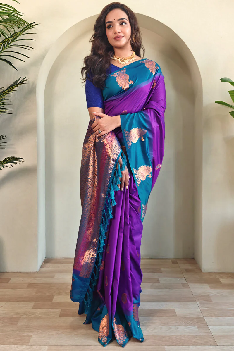 Bucolic Purple Soft Banarasi Silk Saree With Dulcet Blouse Piece - Image 3