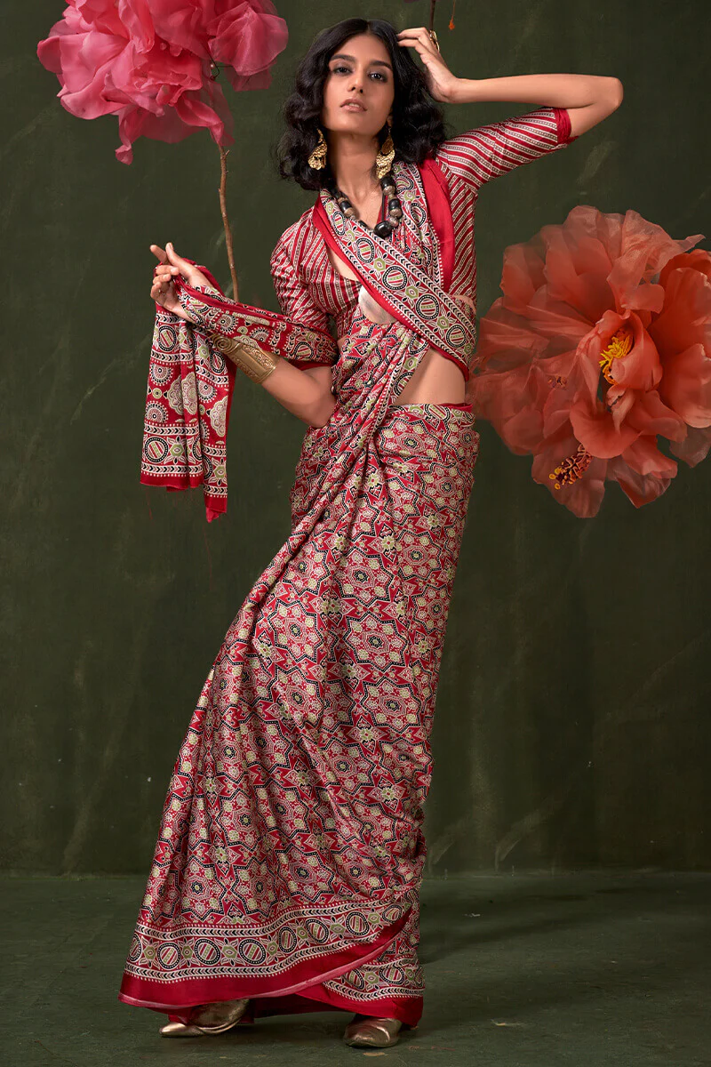 Bucolic Red Ajrakh Printed Satin Silk Saree With Propinquity Blouse Piece - Image 2