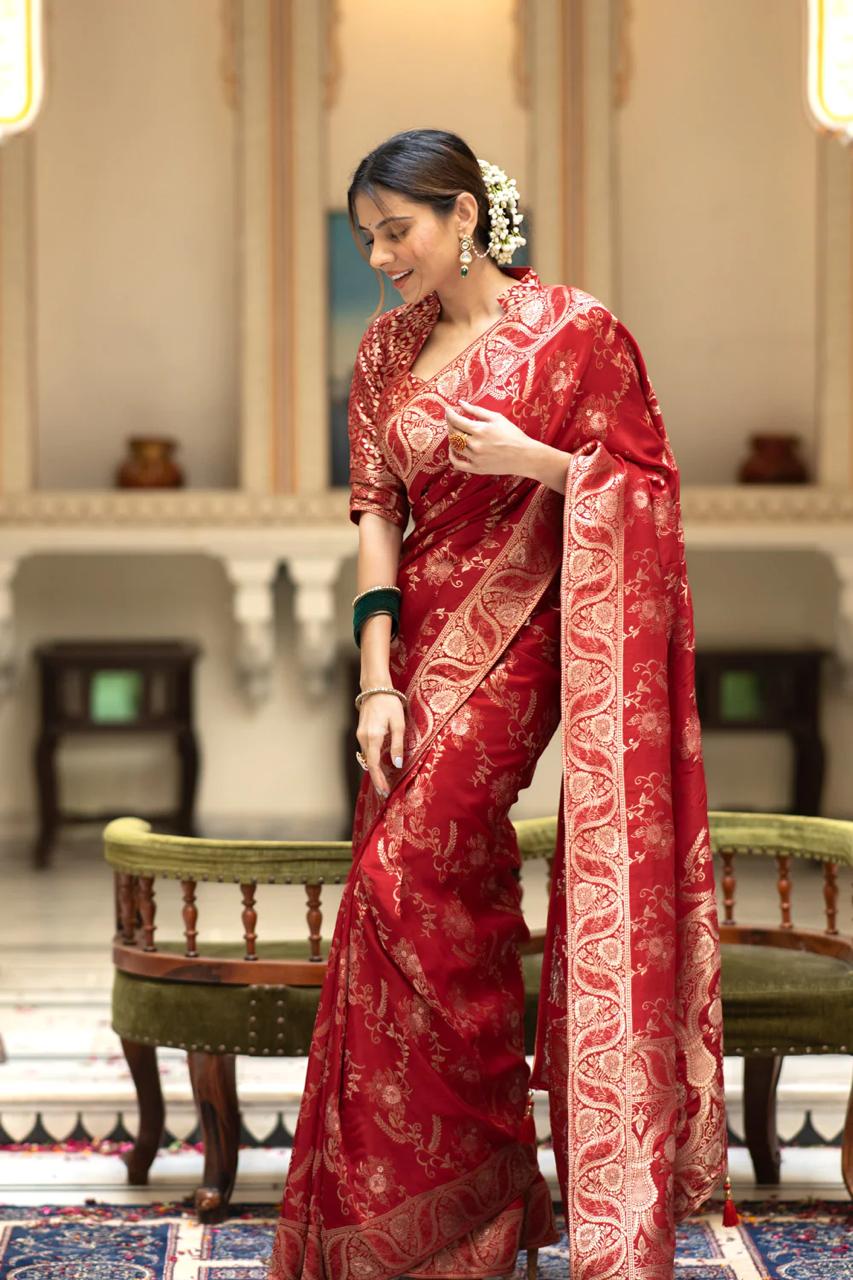 Bucolic Red Soft Silk Saree With Traditional Blouse Piece - Image 5