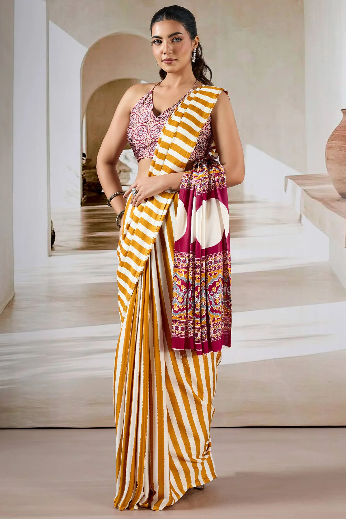 Bucolic Yellow Ajrakh Printed Satin Silk Saree With Desirable Blouse Piece - Image 3