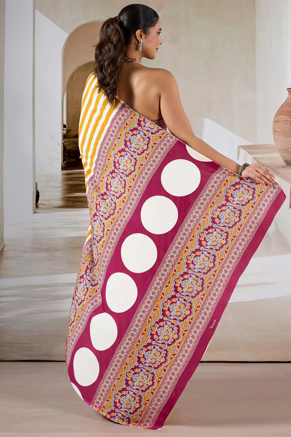 Bucolic Yellow Ajrakh Printed Satin Silk Saree With Desirable Blouse Piece - Image 6