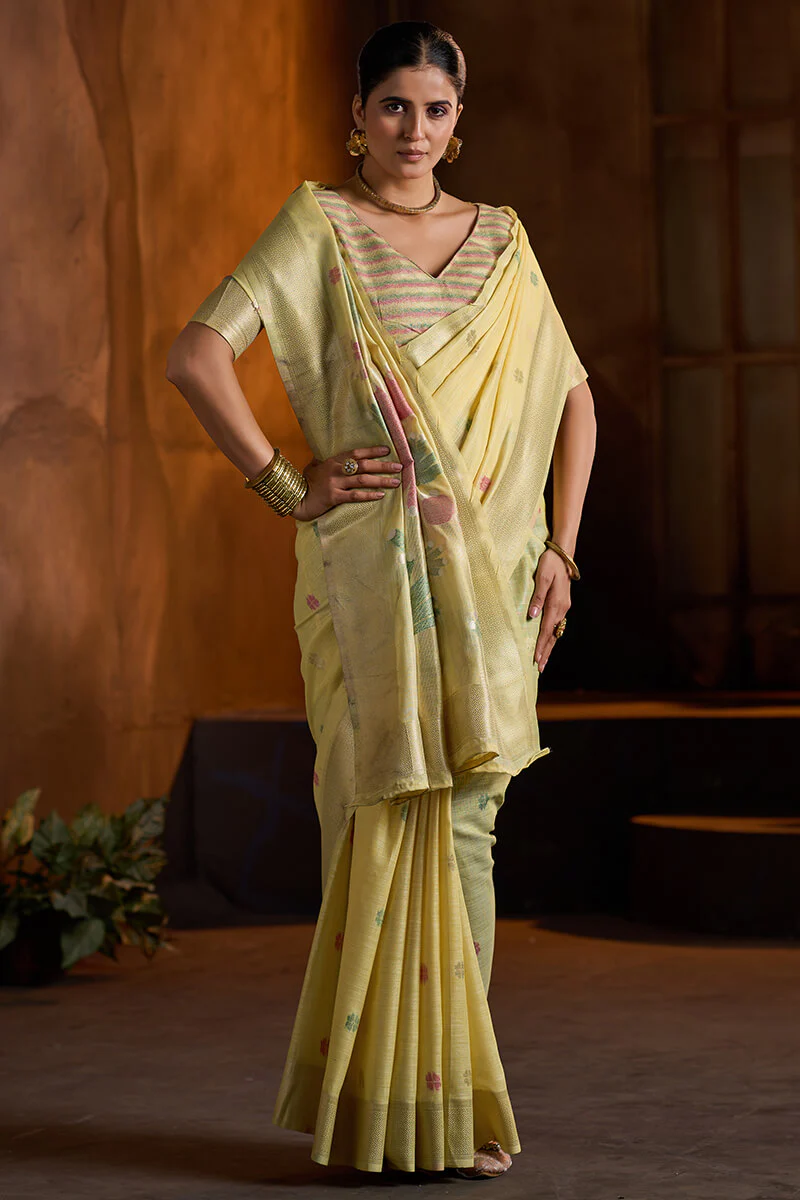 Bucolic Yellow Cotton Silk Saree With Twirling Blouse Piece - Image 3