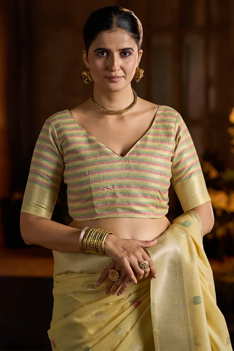 Bucolic Yellow Cotton Silk Saree With Twirling Blouse Piece - Image 4