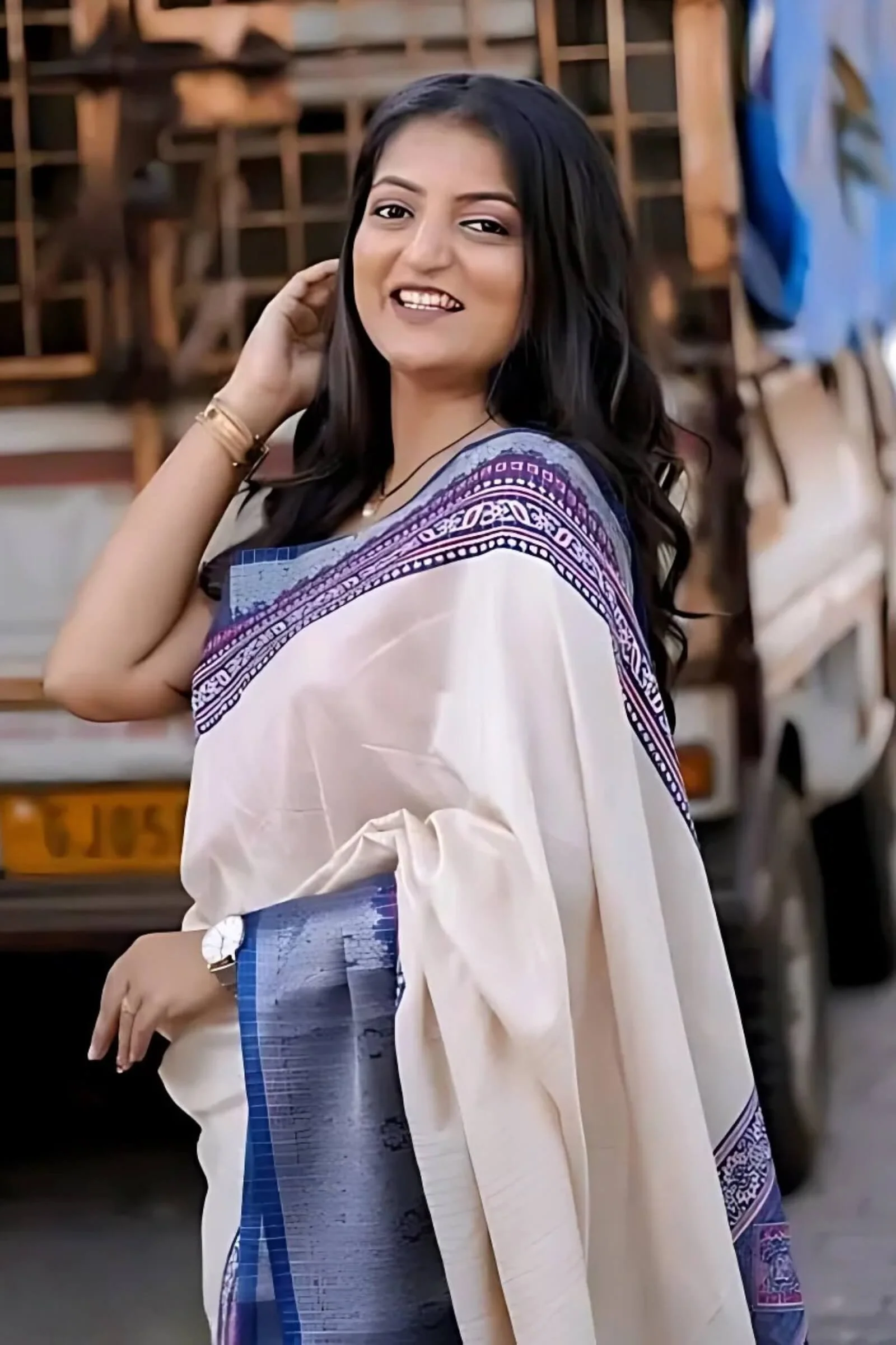Capricious Beige Digital Printed Dola Silk Saree With Prettiest Blouse Piece - Image 2
