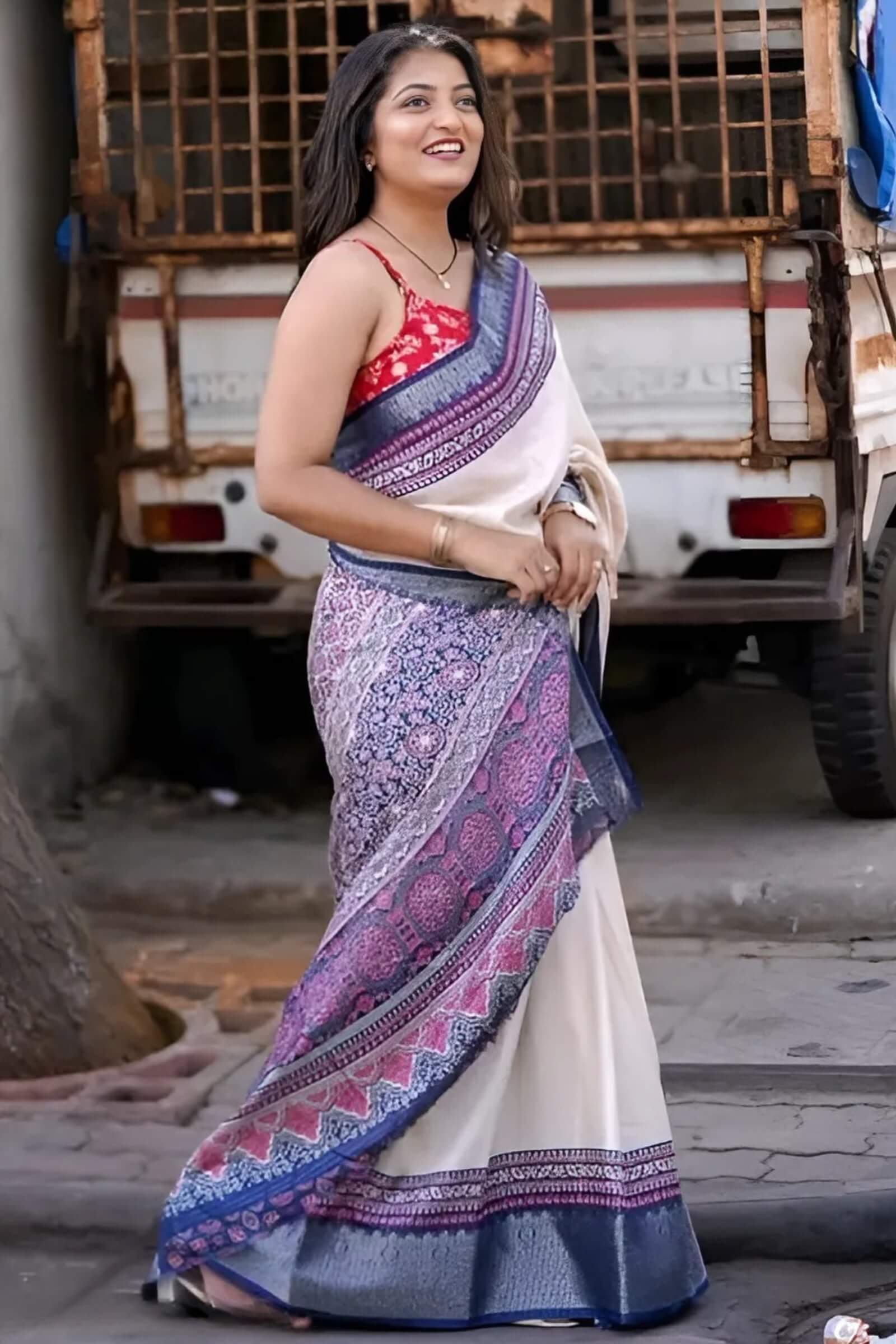 Capricious Beige Digital Printed Dola Silk Saree With Prettiest Blouse Piece - Image 3