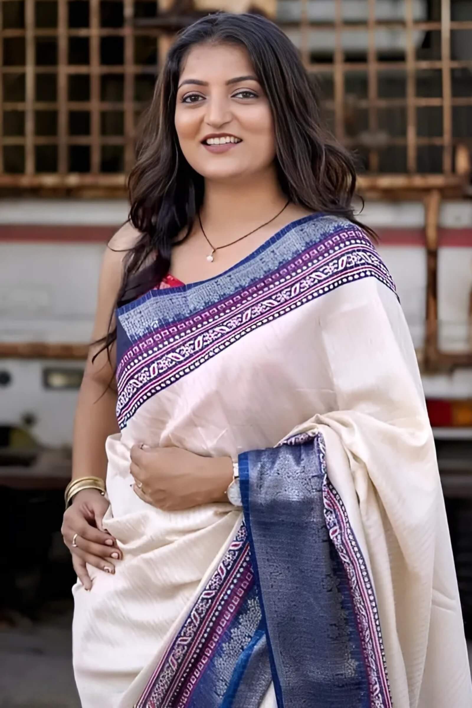 Capricious Beige Digital Printed Dola Silk Saree With Prettiest Blouse Piece - Image 5