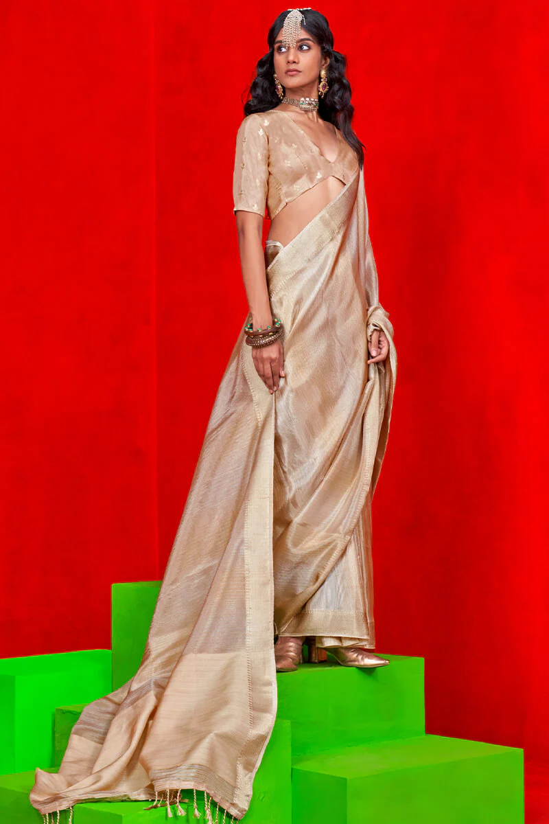 Captivating Beige Soft Banarasi Silk Saree With Prominent Blouse Piece - Image 2