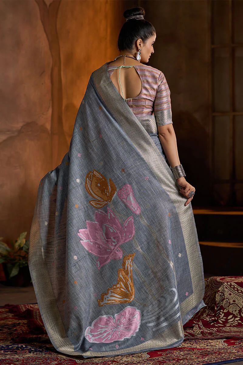 Captivating Grey Cotton Silk Saree With Sempiternal Blouse Piece - Image 6