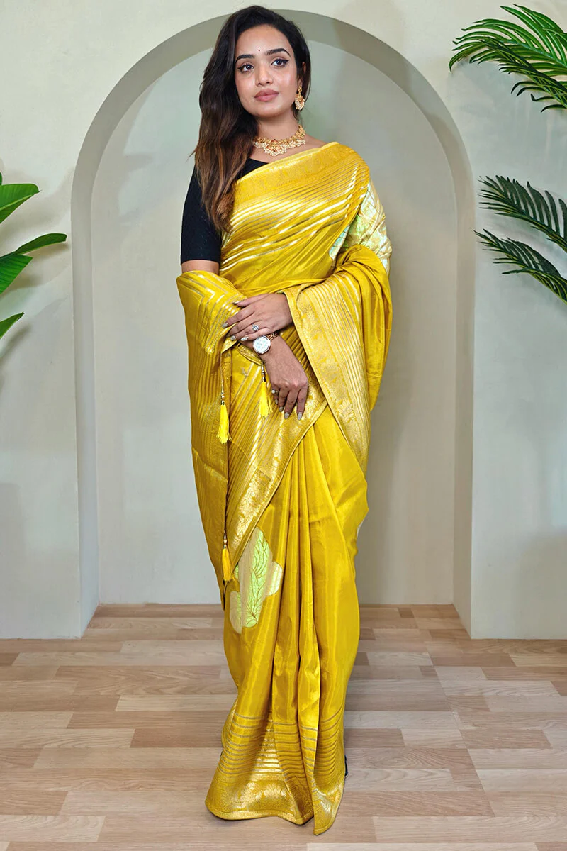 Captivating Mustard Soft Banarasi Silk Saree With Blissful Blouse Piece - Image 3