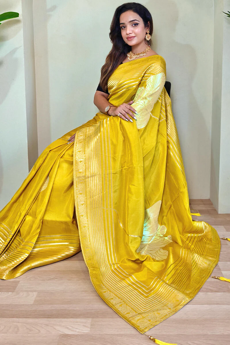 Captivating Mustard Soft Banarasi Silk Saree With Blissful Blouse Piece - Image 4