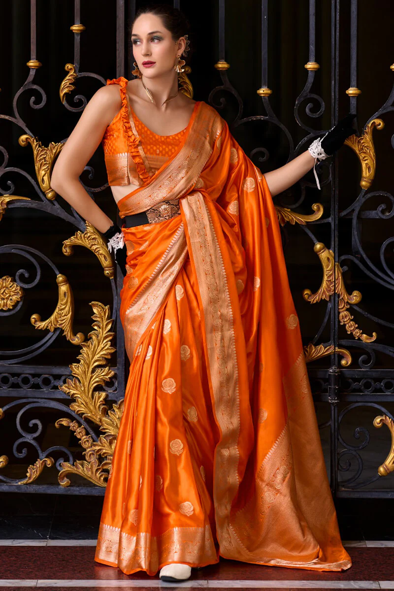 Captivating Orange Banarasi Satin Silk Saree With Desirable Blouse - Image 4