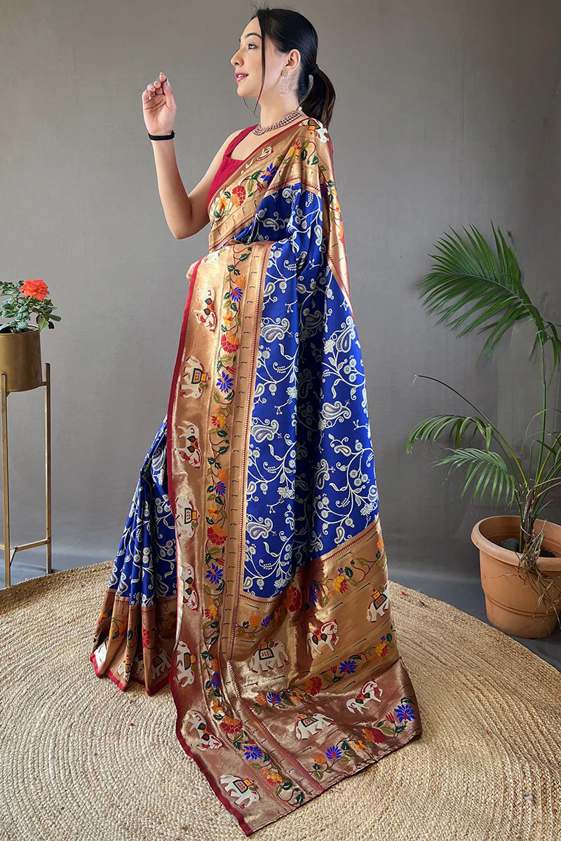 Captivating Royal Blue Paithani Silk Saree With Impressive Blouse Piece - Image 3