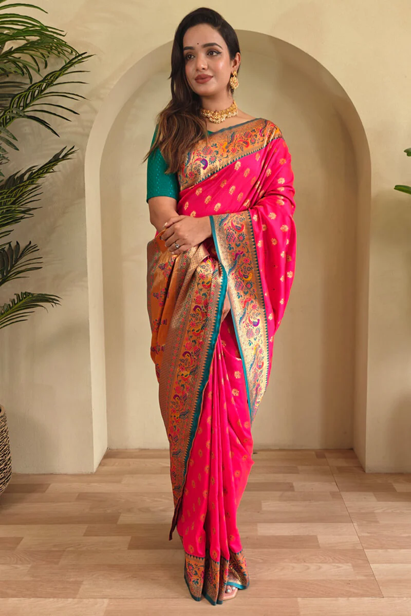 Charismatic Dark Pink Paithani Silk Saree With Mesmeric Blouse Piece - Image 3