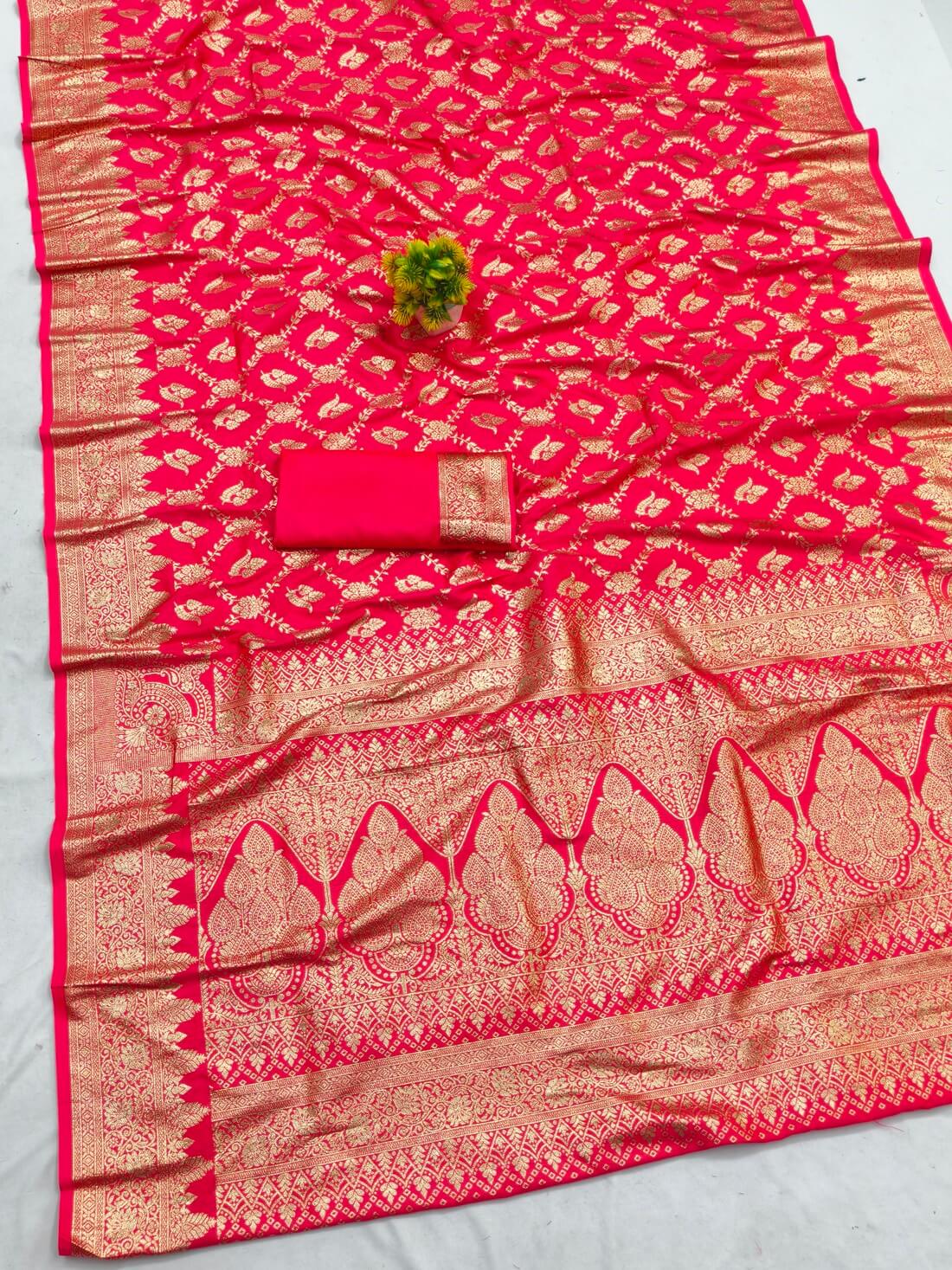 Charismatic Dark Pink Pure Zari Weaving Banarasi Silk Saree With Blooming Blouse Piece - Image 2