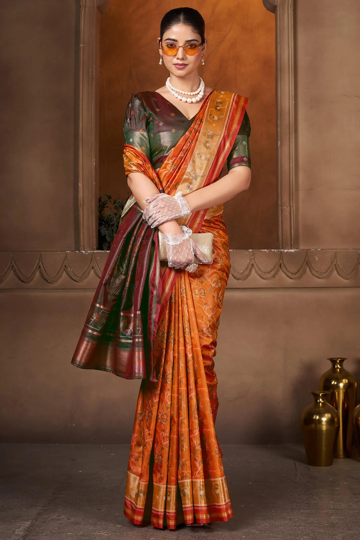 Charismatic Orange Paithani Silk Saree With Innovative Blouse Piece - Image 3