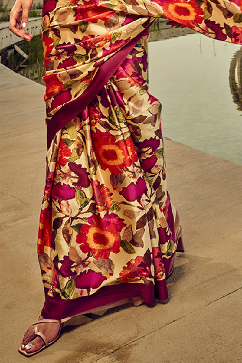 Charismatic Wine Digital Printed Satin Silk Saree With Radiant Blouse Piece - Image 4