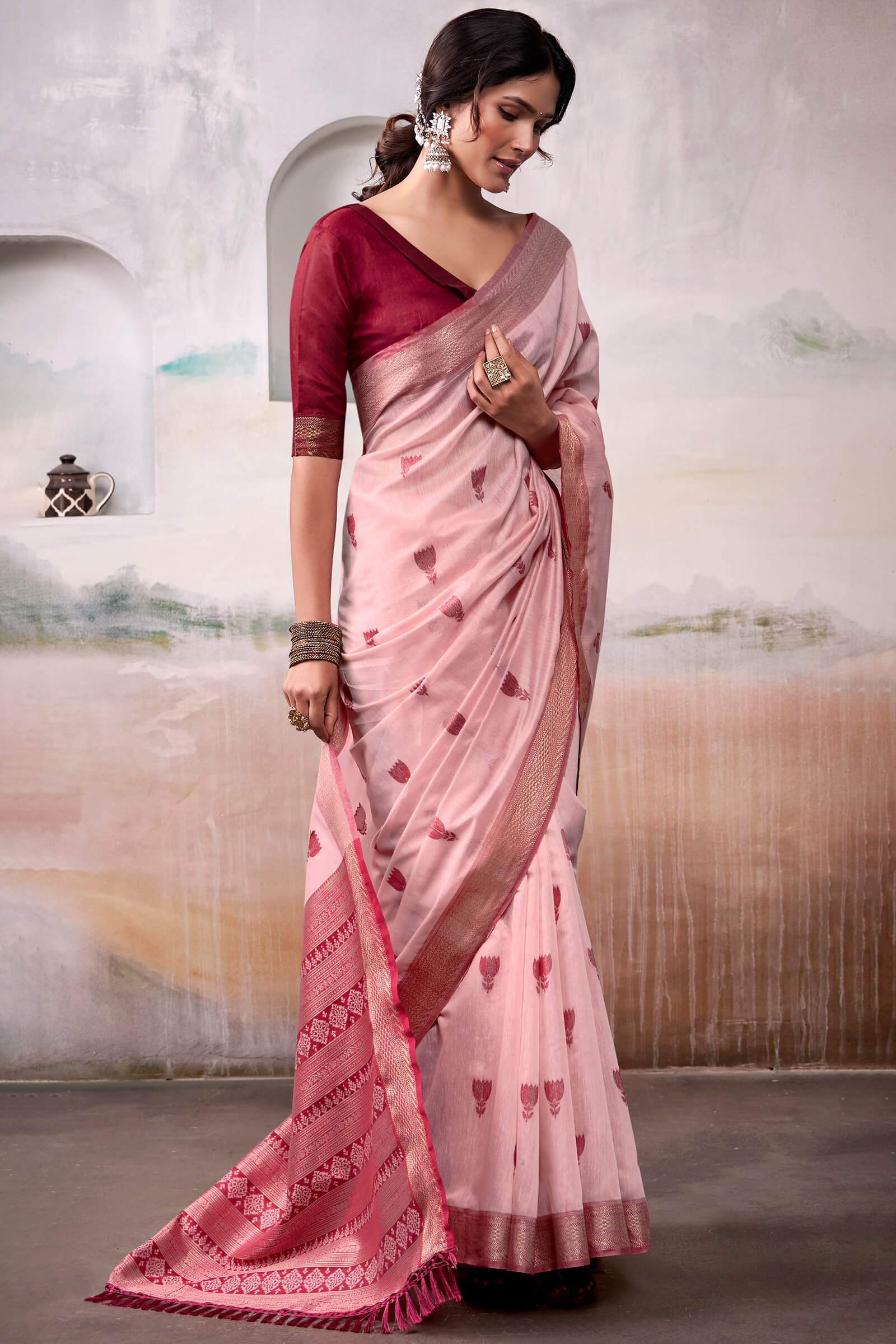 Charming Baby Pink Cotton Silk Saree With Twirling Blouse Piece - Image 3