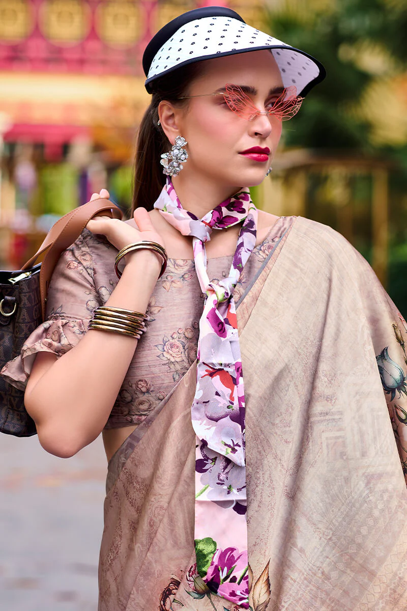 Charming Dark Beige Digital Printed Satin Silk Saree With Smart Blouse Piece - Image 2