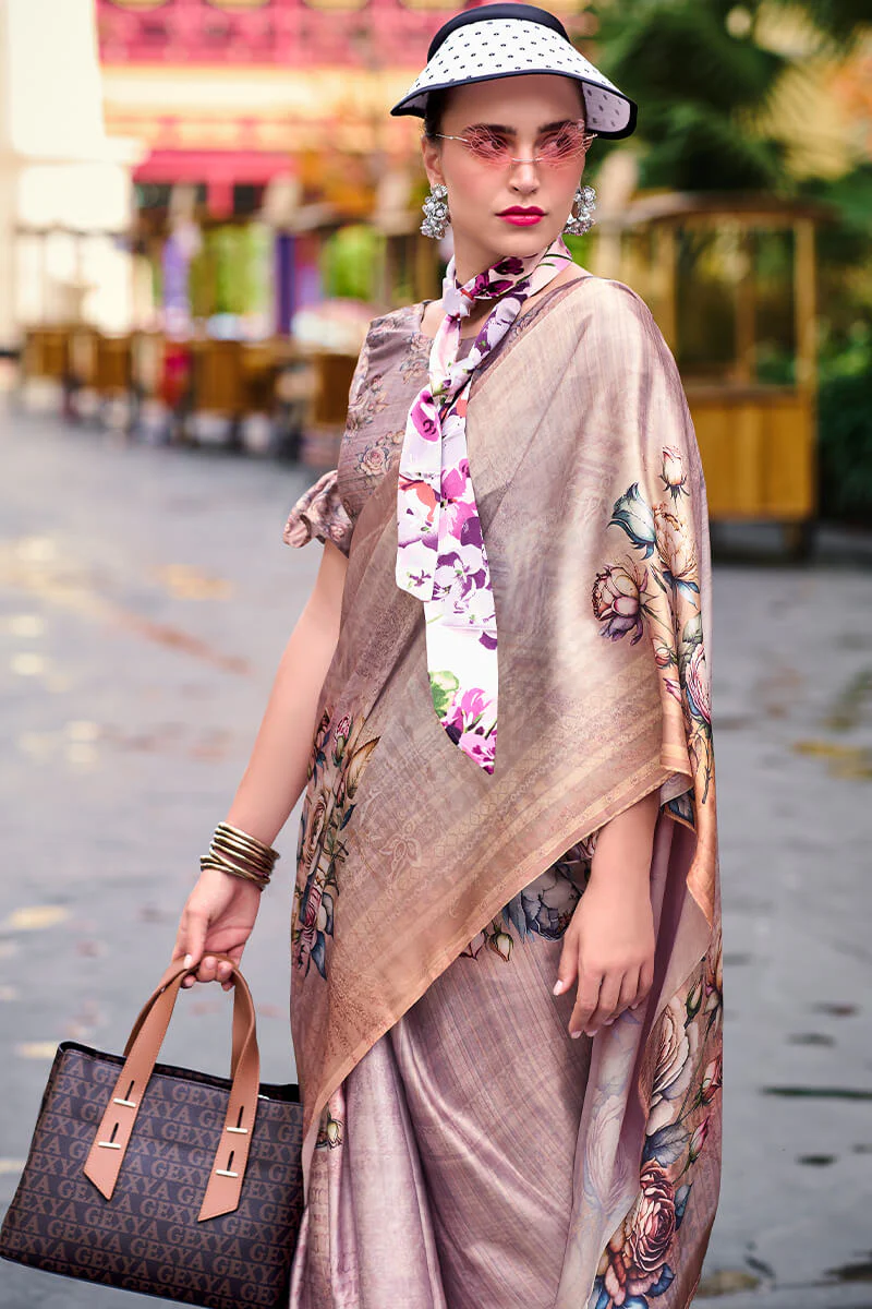 Charming Dark Beige Digital Printed Satin Silk Saree With Smart Blouse Piece - Image 3