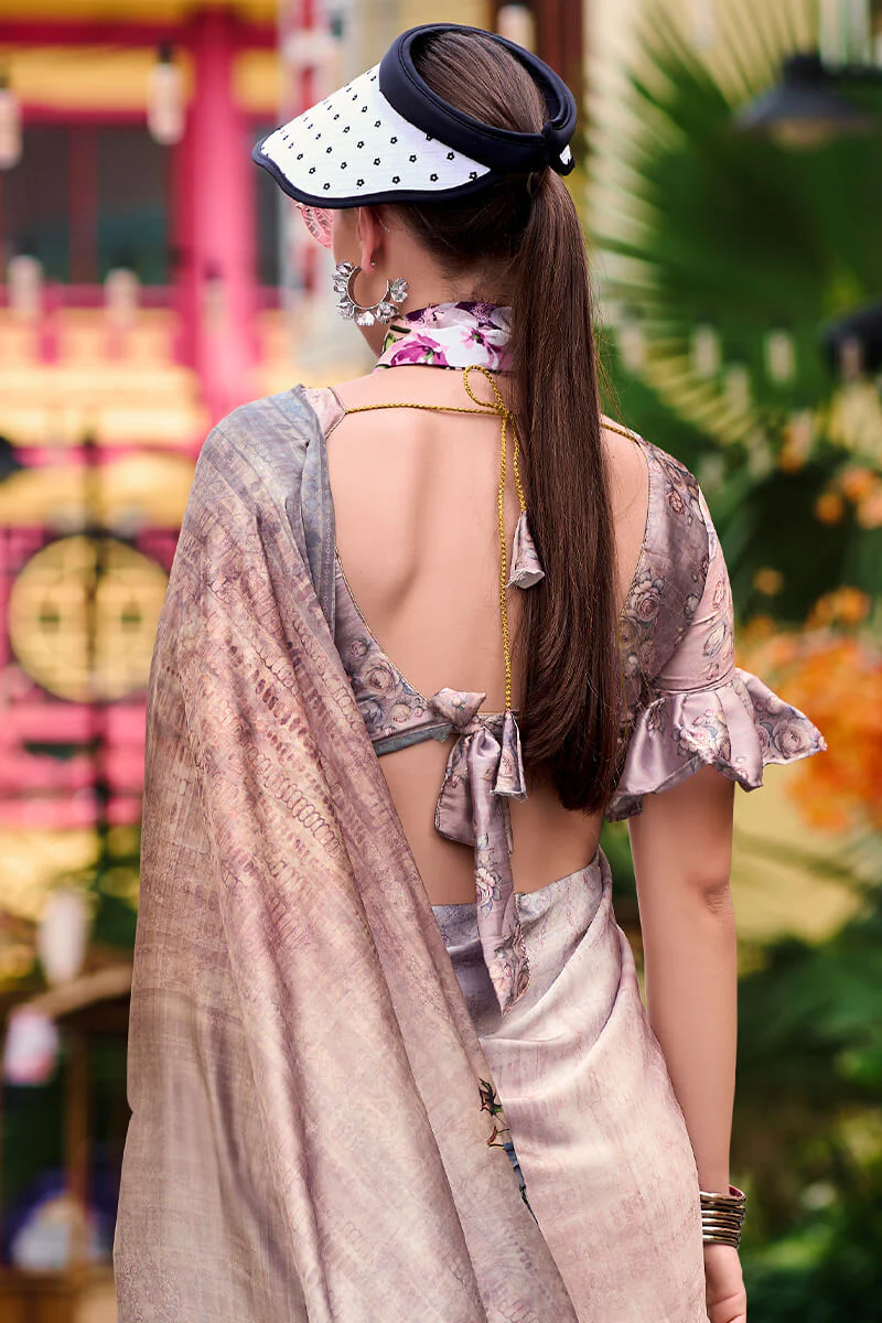 Charming Dark Beige Digital Printed Satin Silk Saree With Smart Blouse Piece - Image 4