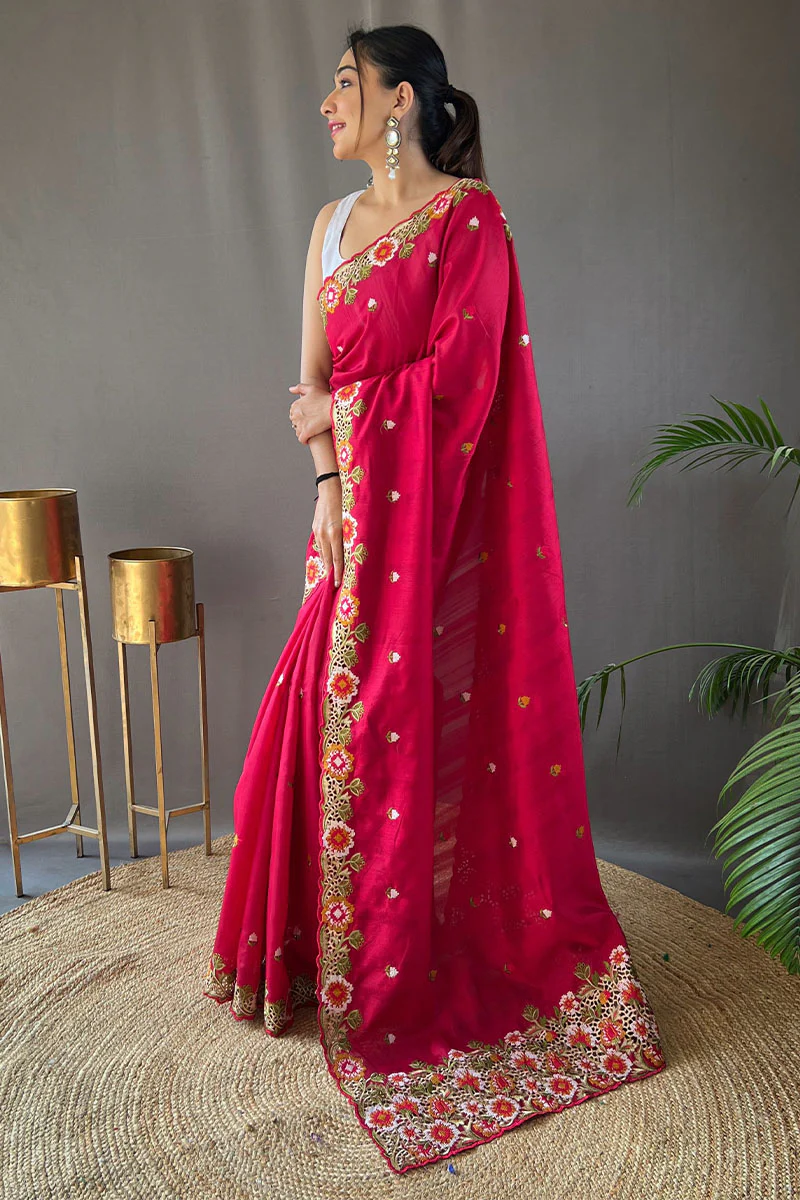 Charming Dark Pink Embroidery Work Tussar Silk Saree With Mesmeric Blouse Piece - Image 3