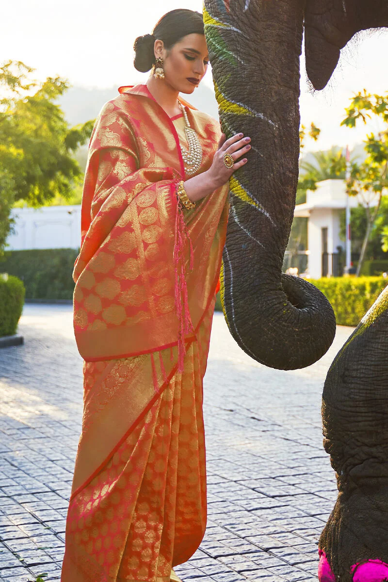 Charming Orange Kanjivaram Silk Saree With Skinny Blouse Piece - Image 3
