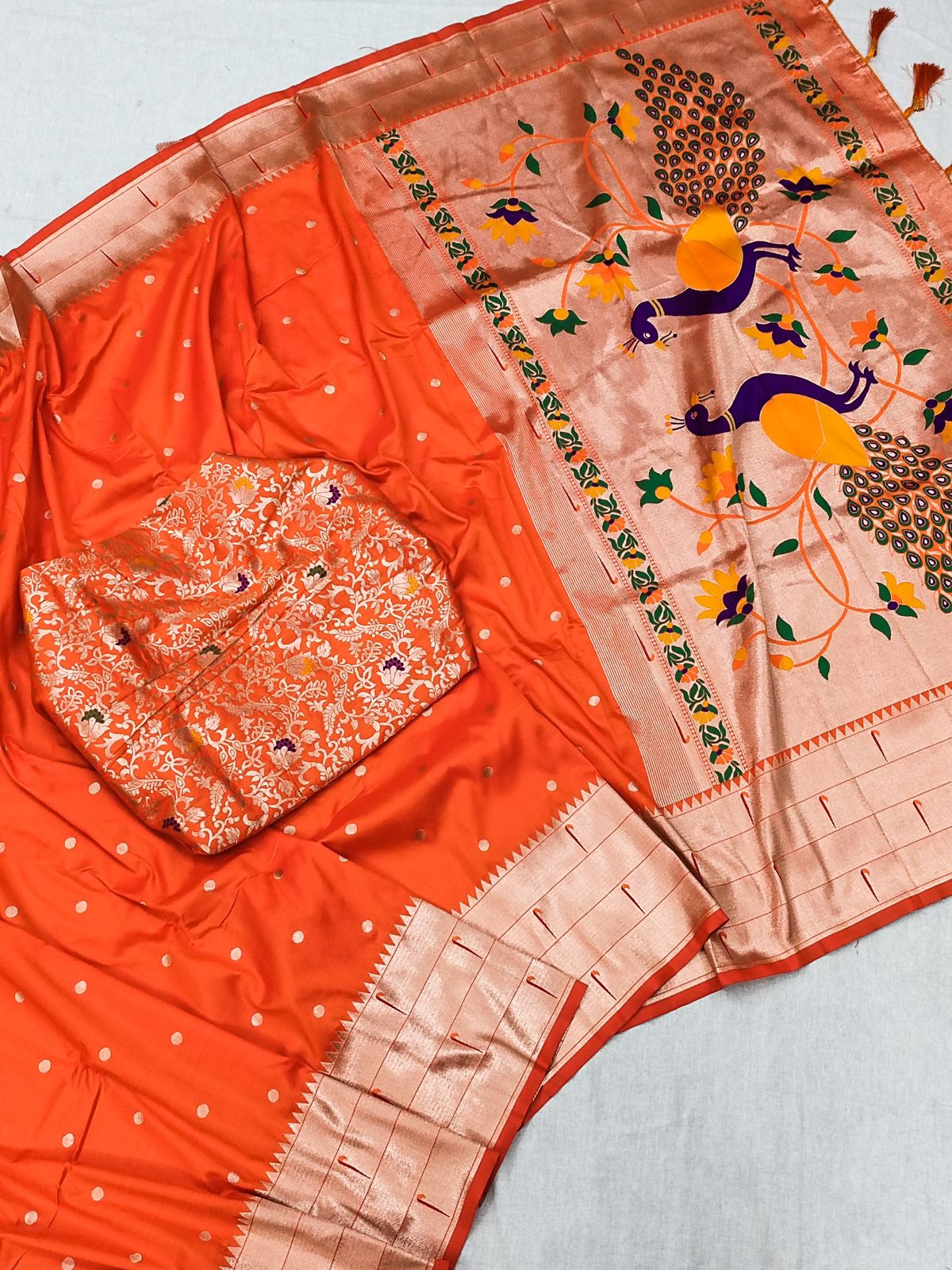 Charming Orange Paithani Silk Saree With Captivating Blouse Piece - Image 2