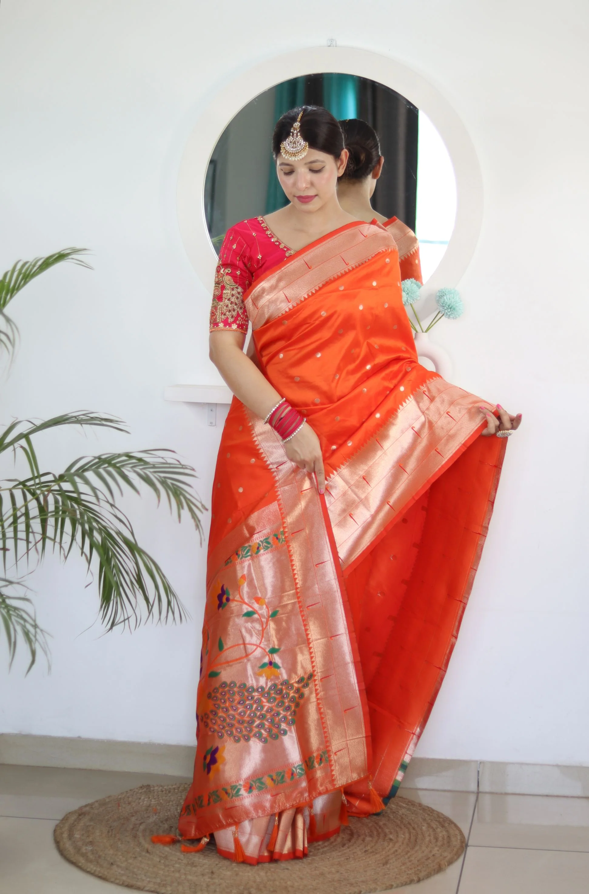 Charming Orange Paithani Silk Saree With Captivating Blouse Piece - Image 5