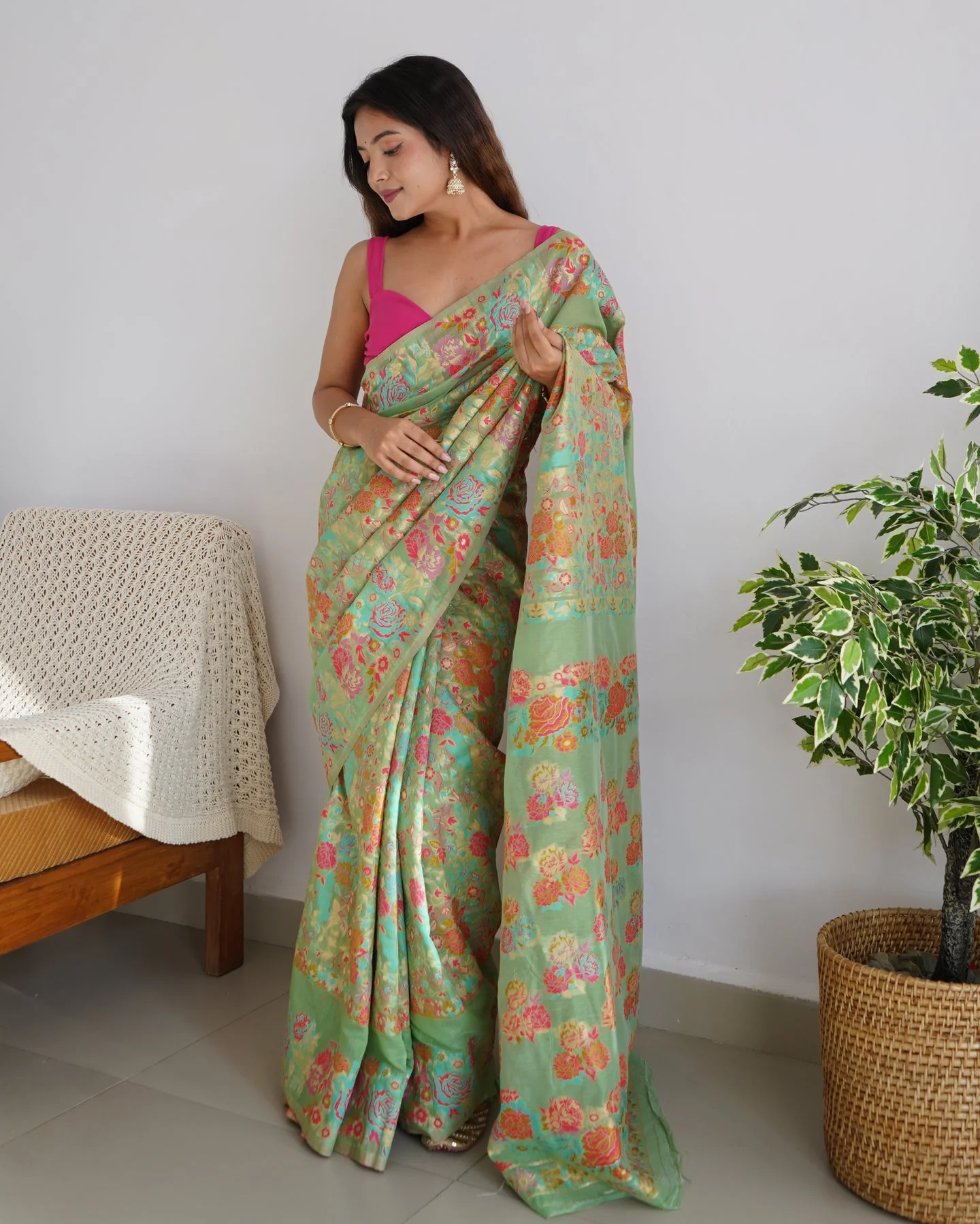 Charming Pista Pashmina saree With Breathtaking Blouse Piece - Image 3